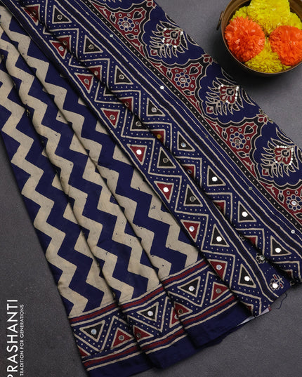 Muslin silk saree indigo blue beige with allover zigzag prints and sequin mirror work embroidery pallu