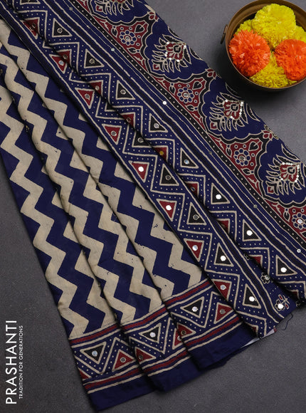Muslin silk saree indigo blue beige with allover zigzag prints and sequin mirror work embroidery pallu