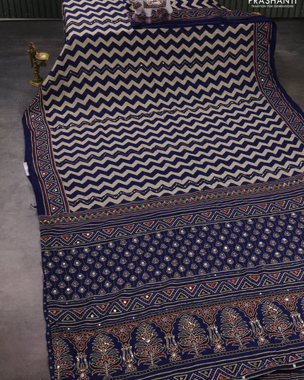Muslin silk saree indigo blue beige with allover zigzag prints and sequin mirror work embroidery pallu