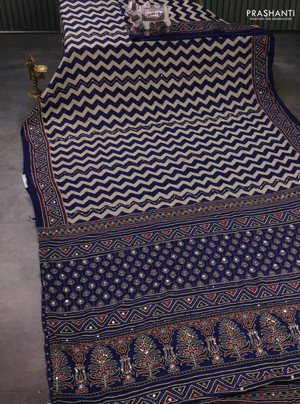 Muslin silk saree indigo blue beige with allover zigzag prints and sequin mirror work embroidery pallu