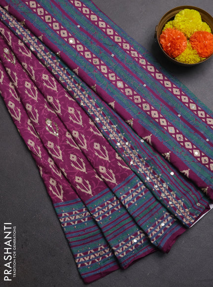 Muslin silk saree purple and teal green with allover ikat butta prints and sequin mirror work embroidery pallu
