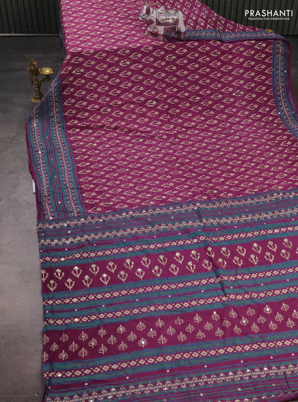 Muslin silk saree purple and teal green with allover ikat butta prints and sequin mirror work embroidery pallu