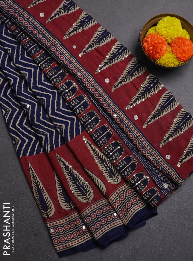 Muslin silk saree indigo blue and maroon shade with allover zigzag prints and sequin mirror work embroidery pallu