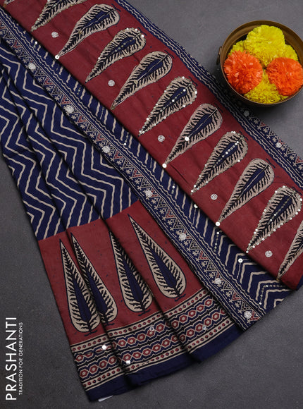Muslin silk saree indigo blue and maroon shade with allover zigzag prints and sequin mirror work embroidery pallu