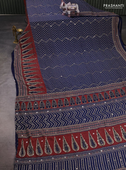 Muslin silk saree indigo blue and maroon shade with allover zigzag prints and sequin mirror work embroidery pallu