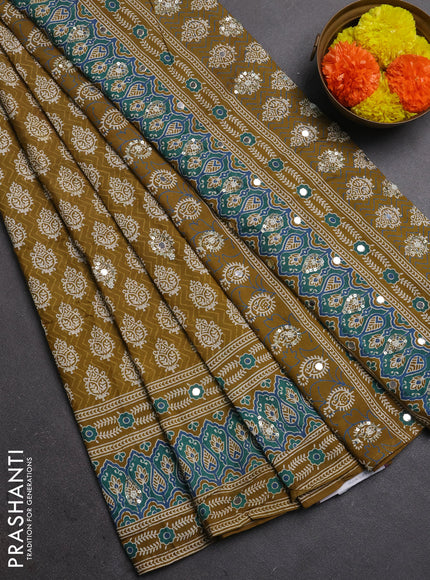 Muslin silk saree mehendi green with allover butta prints and sequin mirror work embroidery pallu