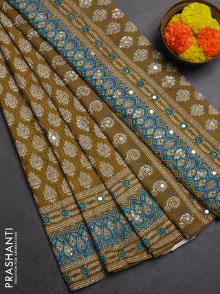 Muslin silk saree mehendi green with allover butta prints and sequin mirror work embroidery pallu