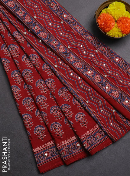 Muslin silk saree red shade with allover floral butta prints and sequin mirror work embroidery pallu