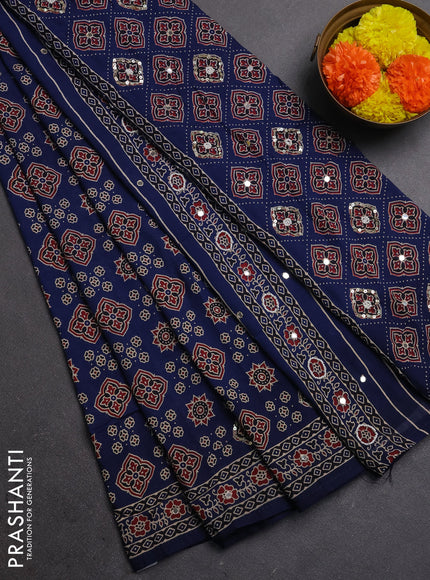 Muslin silk saree indigo blue with allover ajrakh prints and sequin mirror work embroidery pallu