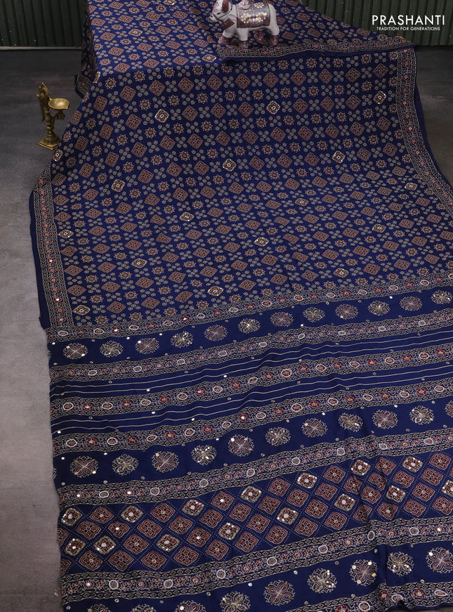Muslin silk saree indigo blue with allover ajrakh prints and sequin mirror work embroidery pallu