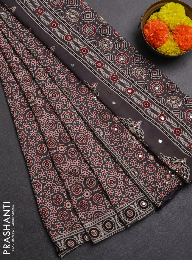 Muslin silk saree grey with allover ajrakh prints and sequin mirror work embroidery pallu