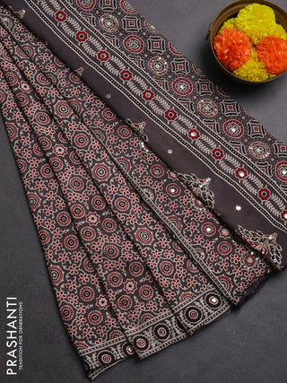 Muslin silk saree grey with allover ajrakh prints and sequin mirror work embroidery pallu