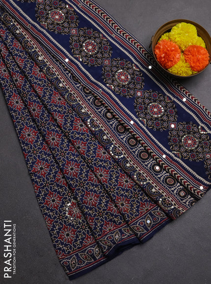Muslin silk saree indigo blue with allover ajrakh prints and sequin mirror work embroidery pallu
