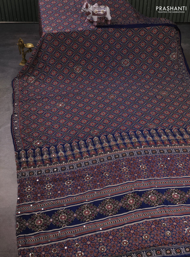 Muslin silk saree indigo blue with allover ajrakh prints and sequin mirror work embroidery pallu