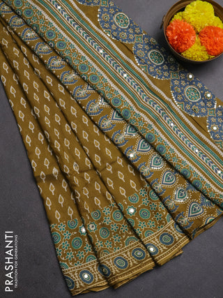 Muslin silk saree mehendi green with allover butta prints and sequin mirror work embroidery pallu