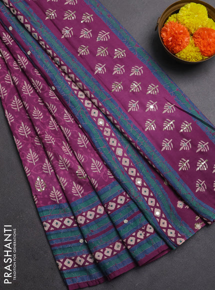 Muslin silk saree mauve pink with allover dabu butta prints and sequin mirror work embroidery pallu