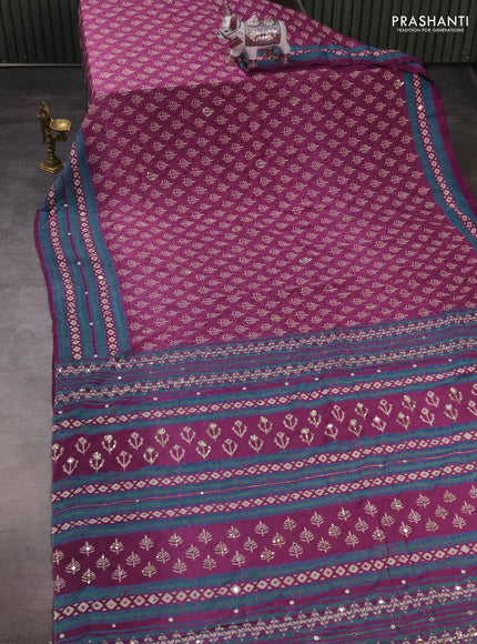 Muslin silk saree mauve pink with allover dabu butta prints and sequin mirror work embroidery pallu