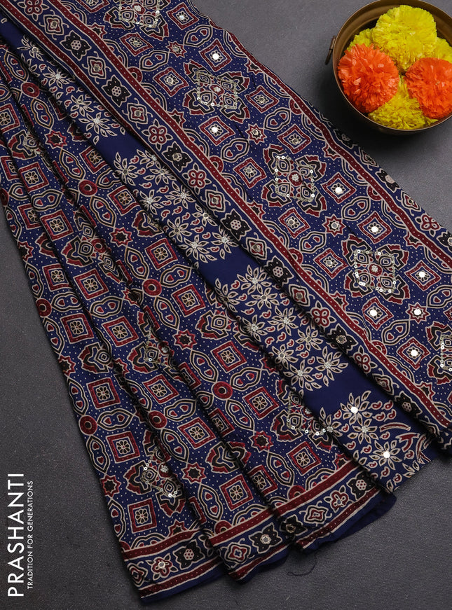 Muslin silk saree indigo blue with allover ajrakh prints and sequin mirror work embroidery pallu