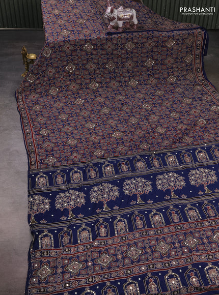 Muslin silk saree indigo blue with allover ajrakh prints and sequin mirror work embroidery pallu