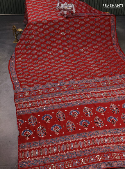 Muslin silk saree maroon with allover butta prints and sequin mirror work embroidery pallu