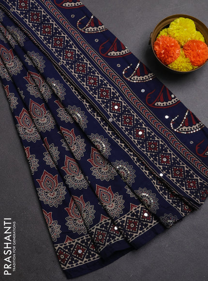 Muslin silk saree indigo blue with allover ajrakh butta prints and sequin mirror work embroidery pallu
