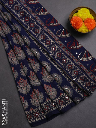 Muslin silk saree indigo blue with allover ajrakh butta prints and sequin mirror work embroidery pallu