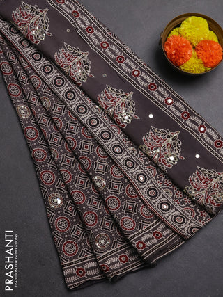 Muslin silk saree grey with allover ajrakh prints and sequin mirror work embroidery pallu