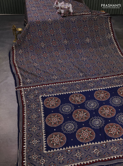 Muslin silk saree indigo blue with allover ajrakh prints and sequin mirror work embroidery pallu