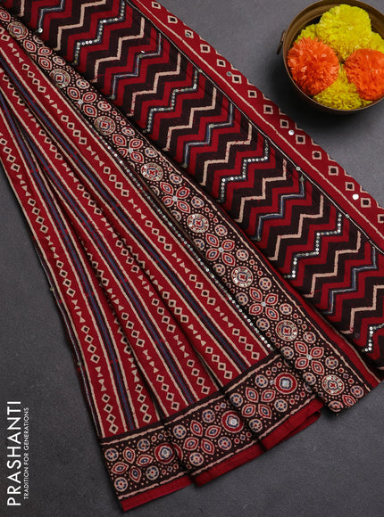 Muslin silk saree red shade with allover geometric prints and sequin mirror work embroidery pallu