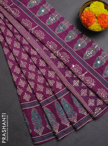Muslin silk saree purple with allover dabu butta prints and sequin mirror work embroidery pallu
