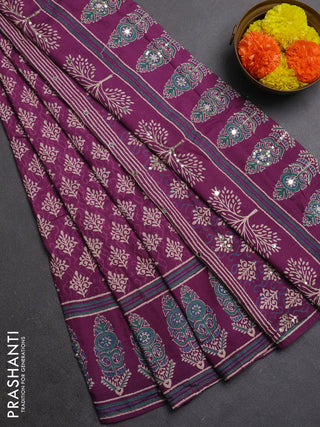 Muslin silk saree purple with allover dabu butta prints and sequin mirror work embroidery pallu