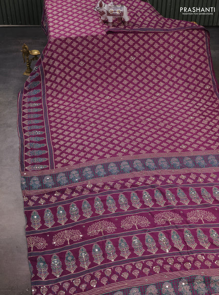 Muslin silk saree purple with allover dabu butta prints and sequin mirror work embroidery pallu
