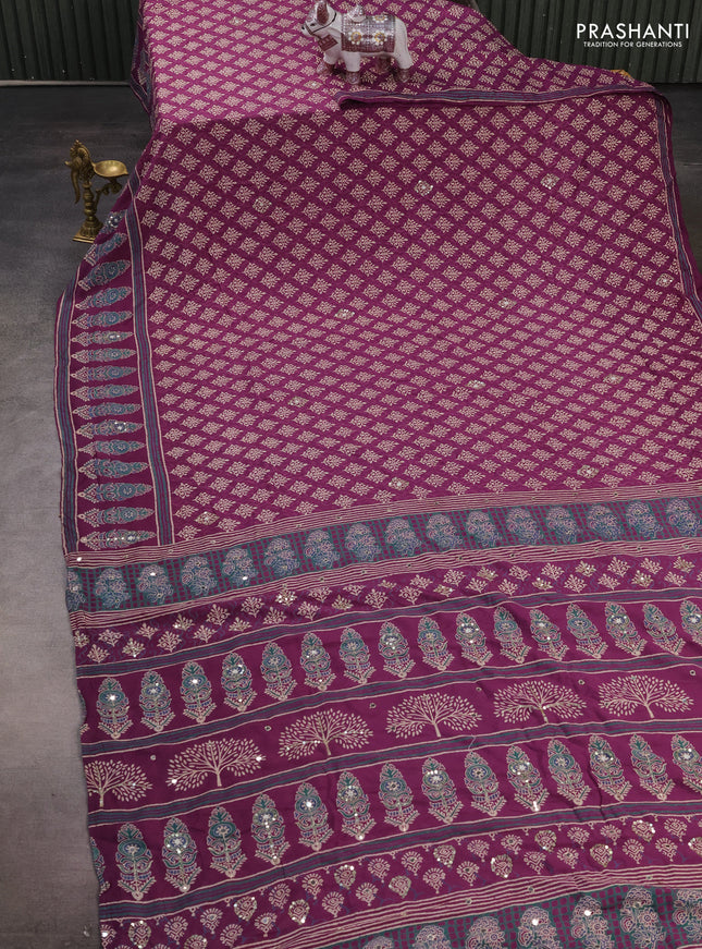 Muslin silk saree purple with allover dabu butta prints and sequin mirror work embroidery pallu