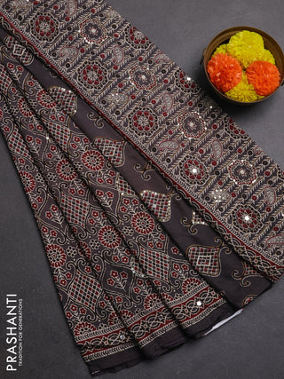 Muslin silk saree grey with allover prints and sequin mirror work embroidery pallu