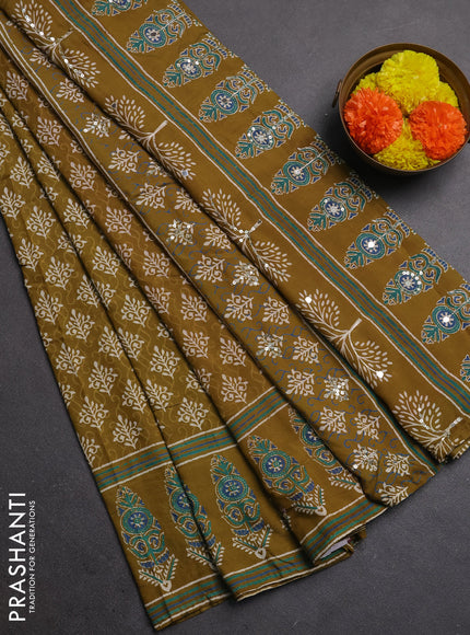 Muslin silk saree mehendi green and red with allover dabu butta prints and sequin mirror work embroidery pallu
