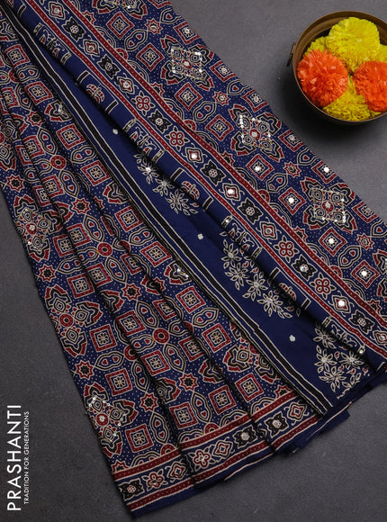 Muslin silk saree indigo blue with allover ajrakh prints and sequin mirror work embroidery pallu