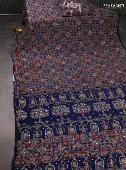 Muslin silk saree indigo blue with allover ajrakh prints and sequin mirror work embroidery pallu