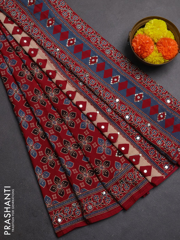 Muslin silk saree red shade with allover butta prints and sequin mirror work embroidery pallu