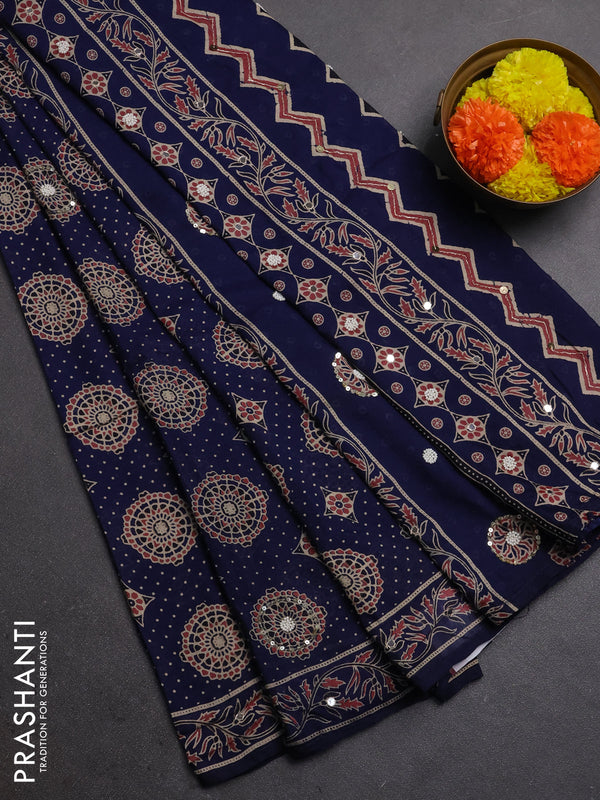 Muslin silk saree navy blue with allover ajrakh butta prints and sequin mirror work embroidery pallu