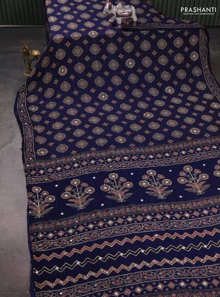 Muslin silk saree navy blue with allover ajrakh butta prints and sequin mirror work embroidery pallu