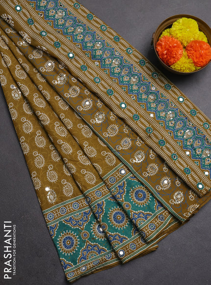 Muslin silk saree mehendi green and teal green with allover dabu butta prints and sequin mirror work embroidery pallu
