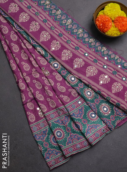 Muslin silk saree purple and teal green with allover dabu butta prints and sequin mirror work embroidery pallu