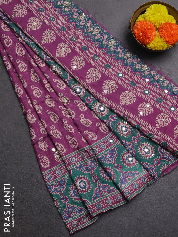 Muslin silk saree purple and teal green with allover dabu butta prints and sequin mirror work embroidery pallu