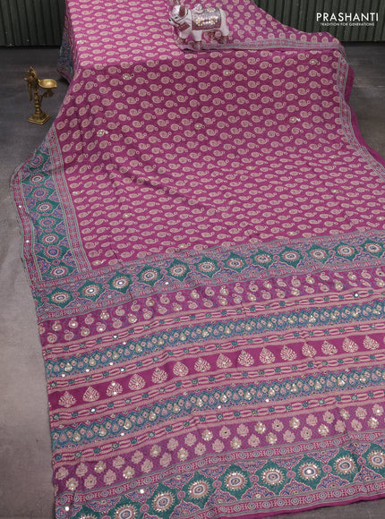 Muslin silk saree purple and teal green with allover dabu butta prints and sequin mirror work embroidery pallu
