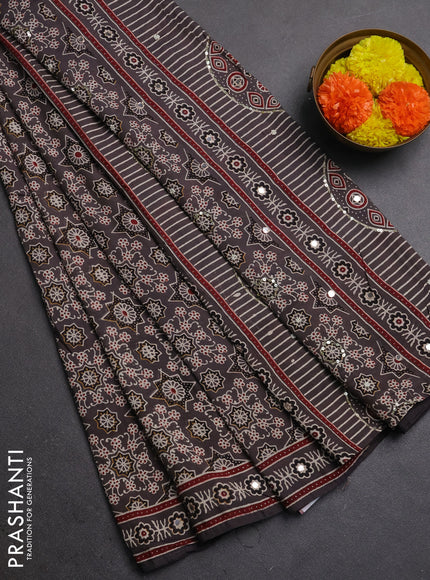 Muslin silk saree grey and maroon with allover ajrakh prints and sequin mirror work embroidery pallu