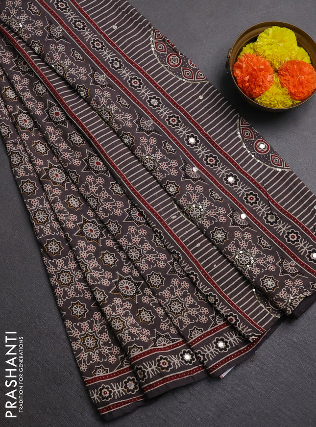 Muslin silk saree grey and maroon with allover ajrakh prints and sequin mirror work embroidery pallu