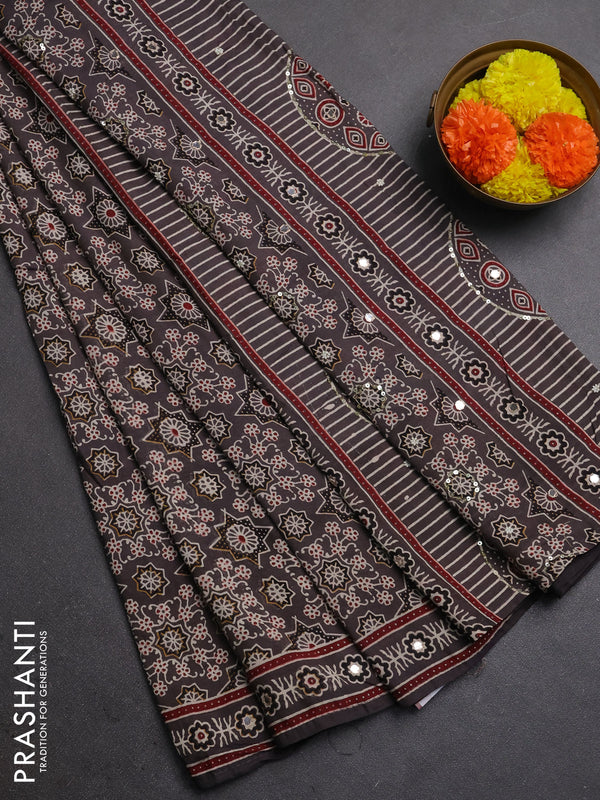 Muslin silk saree grey and maroon with allover ajrakh prints and sequin mirror work embroidery pallu