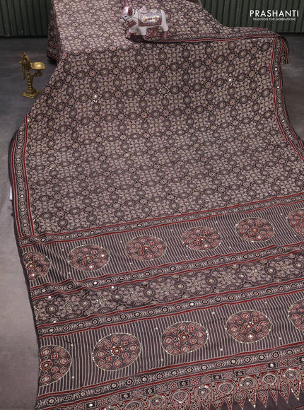 Muslin silk saree grey and maroon with allover ajrakh prints and sequin mirror work embroidery pallu