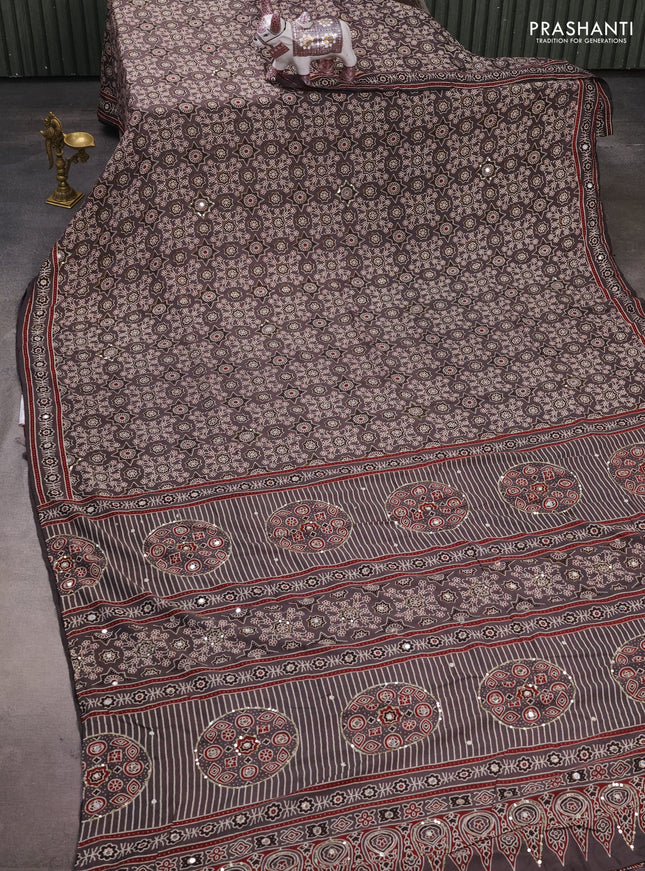 Muslin silk saree grey and maroon with allover ajrakh prints and sequin mirror work embroidery pallu
