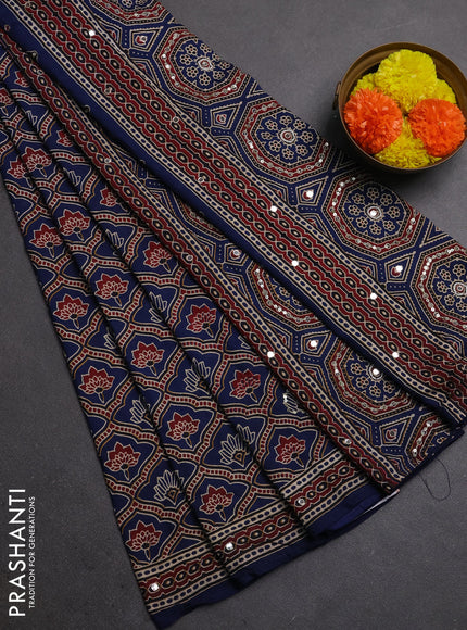 Muslin silk saree indigo blue with allover ajrakh prints and sequin mirror work embroidery pallu